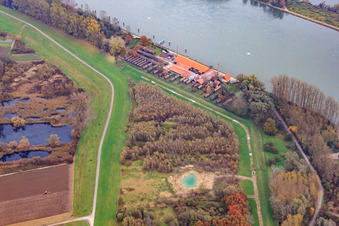 Aerial view of Cycle path on the Rhine dam to the Old Brickworks on the Rhine in Germersheim in the state Rhineland-Palatinate, Germany