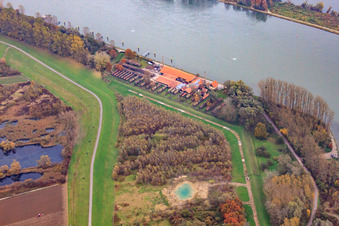 Aerial photograpy of Cycle path on the Rhine dam to the Old Brickworks on the Rhine in Germersheim in the state Rhineland-Palatinate, Germany