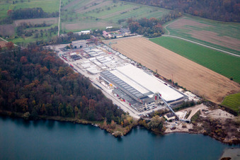Aerial photograpy of Mixed concrete and building materials factory of Betonfertigteilewerk Linkenheim GmbH & Co. KG in Linkenheim-Hochstetten in the state Baden-Wurttemberg