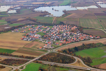 View of the town behind the B9 from the southwest in the district Hardtwald in Neupotz in the state Rhineland-Palatinate, Germany