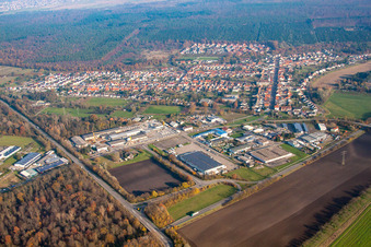 Aerial photograpy of Town View of the streets and houses of the residential areas in the district Huttenheim in Philippsburg in the state Baden-Wurttemberg
