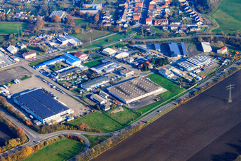 Industrial area in Kuhweid with KHW World Wide GmbH, Kail Interfood GmbH and BWG Bauservice und Gerüstbau GmbH in the district Huttenheim in Philippsburg in the state Baden-Wuerttemberg, Germany