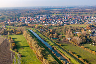 Aerial view of Village on the Saalbach Canal in the district Rußheim in Dettenheim in the state Baden-Wuerttemberg, Germany