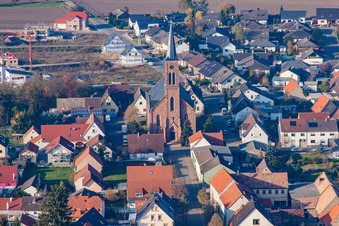 Aerial view of Church in the district Rußheim in Dettenheim in the state Baden-Wuerttemberg, Germany