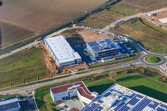 Bird's eye view of New building of ITK Engineering GmbH in Rülzheim in the state Rhineland-Palatinate, Germany