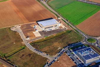 New building for TRANSAC International Speditionsgesellschaft mbH in Rülzheim in the state Rhineland-Palatinate, Germany viewn from the air