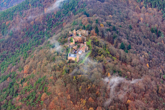 Madenburg castle ruins under clouds of fog in Eschbach in the state Rhineland-Palatinate, Germany