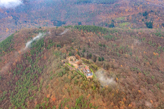 Aerial photograpy of Madenburg castle ruins under clouds of fog in Eschbach in the state Rhineland-Palatinate, Germany