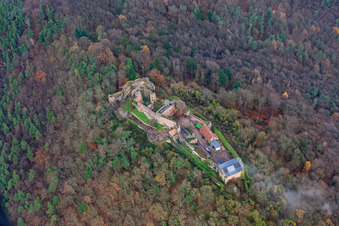 Madenburg castle ruins under clouds of fog in Eschbach in the state Rhineland-Palatinate, Germany from above