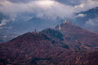 Aerial view of The 3 castles Trifels, Anebos and Münz in Leinsweiler in the state Rhineland-Palatinate, Germany