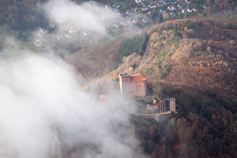 Trifels Castle in clouds in Leinsweiler in the state Rhineland-Palatinate, Germany
