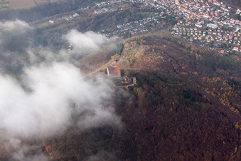 Aerial photograpy of Trifels Castle in clouds in Annweiler am Trifels in the state Rhineland-Palatinate, Germany