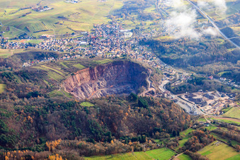 Aerial view of Quarry Albersweiler of the Basalt-Actien-Gesellschaft under clouds in Albersweiler in the state Rhineland-Palatinate, Germany