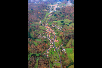 Aerial view of Village in the Palatinate Forest in the Dernbachtal from the south in Dernbach in the state Rhineland-Palatinate, Germany