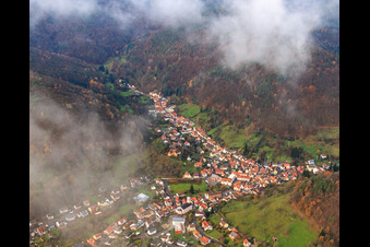 Village in the Palatinate Forest on the Hahnenbach from the east in Ramberg in the state Rhineland-Palatinate, Germany