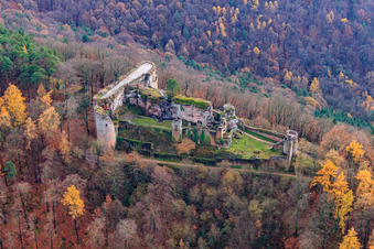 Drone image of Neuscharfeneck Castle Ruins in Flemlingen in the state Rhineland-Palatinate, Germany