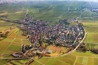 Wine-growing village between bare vineyards from the north in Ilbesheim bei Landau in the state Rhineland-Palatinate, Germany