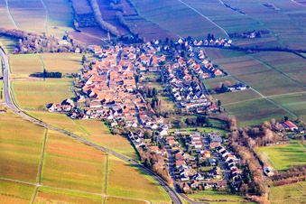 Wine-growing village between bare vineyards from the west in the district Wollmesheim in Landau in der Pfalz in the state Rhineland-Palatinate, Germany