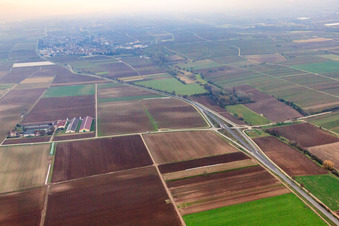 Aerial view of Wilfried Günther Turkey Farm in Zeiskam in the state Rhineland-Palatinate, Germany