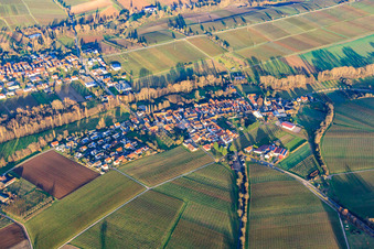 Village view in winter between bare fields from the southwest in the district Klingen in Heuchelheim-Klingen in the state Rhineland-Palatinate, Germany