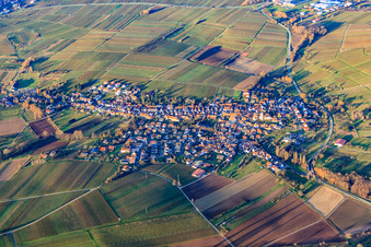 Wine-growing village in winter between bare vineyards from the south in Göcklingen in the state Rhineland-Palatinate, Germany