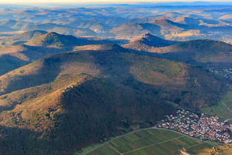 Palatinate Forest castle panorama from the Madenburg castle ruins to the Trifels in winter in Eschbach in the state Rhineland-Palatinate, Germany