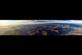 Palatinate Forest castle panorama from the Madenburg on the edge of the Haardt over the Trifels to the Hambach Castle in winter in Eschbach in the state Rhineland-Palatinate, Germany
