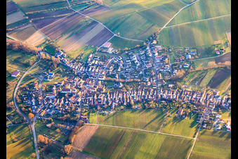 Wine-growing village in winter between bare vineyards from the north in Göcklingen in the state Rhineland-Palatinate, Germany