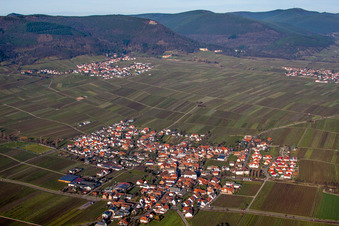 Aerial photograpy of Village - view on the edge of wine yards in Hainfeld in the state Rhineland-Palatinate, Germany