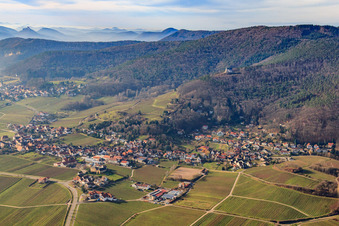 Wine-growing village below the St. Anne Chapel in winter from the northeast in Burrweiler in the state Rhineland-Palatinate, Germany