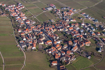 Aerial view of Village - view on the edge of agricultural fields and farmland in Weyher in der Pfalz in the state Rhineland-Palatinate, Germany