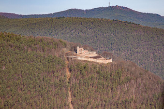 Rietburg Castle Ruins in Rhodt unter Rietburg in the state Rhineland-Palatinate, Germany from a drone