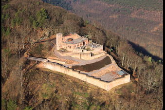 Aerial view of Rietburg castle ruins in winter in Rhodt unter Rietburg in the state Rhineland-Palatinate, Germany