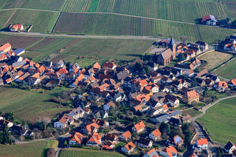 Aerial view of Wine Route with the parish church of the Visitation of Mary in Burrweiler in the state Rhineland-Palatinate, Germany
