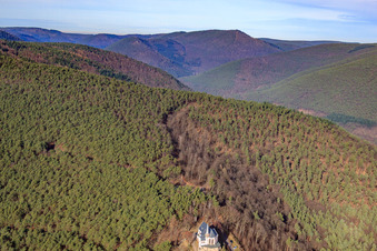 Aerial view of St. Anna Hut above the St. Anna Chapel on the Annaberg in Burrweiler in the state Rhineland-Palatinate, Germany