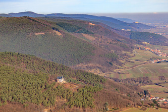 Aerial view of St. Anna Chapel in winter on the Annaberg from the south in Burrweiler in the state Rhineland-Palatinate, Germany