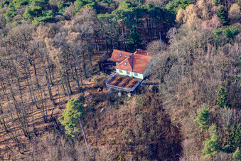 Aerial photograpy of Ringelsberghütte above the limestone cliffs in Frankweiler in the state Rhineland-Palatinate, Germany