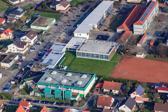 Aerial view of Indoor swimming pool of the VG Lingenfeld at the elementary school Lingenfeld in Lingenfeld in the state Rhineland-Palatinate, Germany