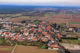 Village view in winter from the west in Knittelsheim in the state Rhineland-Palatinate, Germany