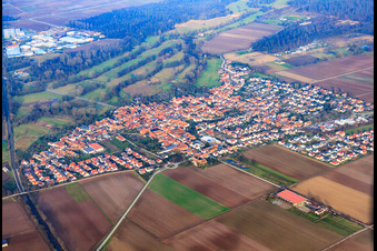 Aerial view of Village overview in winter from the south in Steinweiler in the state Rhineland-Palatinate, Germany