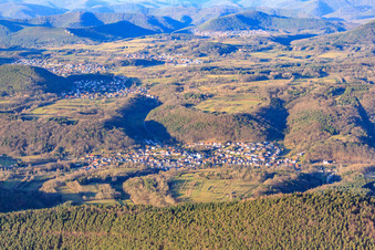Village in the Palatinate Forest in winter from the south in Silz in the state Rhineland-Palatinate, Germany