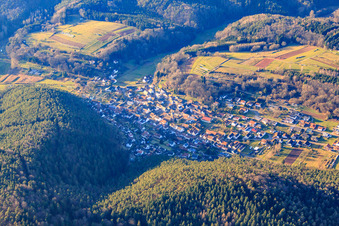 Aerial view of Village in the Palatinate Forest in winter from the east in Vorderweidenthal in the state Rhineland-Palatinate, Germany