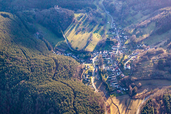 Erlenbach, Berwartstein Castle in Erlenbach bei Dahn in the state Rhineland-Palatinate, Germany viewn from the air