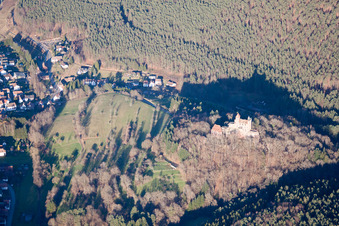 Aerial view of Erlenbach, Berwartstein Castle in Erlenbach bei Dahn in the state Rhineland-Palatinate, Germany