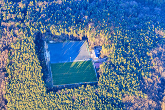 Aerial view of Football field in the forest of SV Schweigen-Rechtenbach 1929 eV in the district Rechtenbach in Schweigen-Rechtenbach in the state Rhineland-Palatinate, Germany