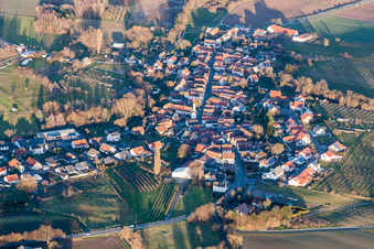 Aerial photograpy of Village - view on the edge of agricultural fields and farmland in Oberhausen in the state Rhineland-Palatinate, Germany