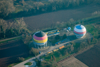 Aerial view of French German painted gas storage tanks in Rastatt in the state Baden-Wuerttemberg, Germany