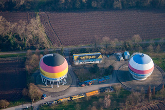 Aerial photograpy of French German painted gas storage tanks in Rastatt in the state Baden-Wuerttemberg, Germany