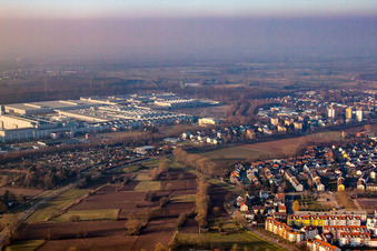 Aerial view of Mercedes Benz plant from the southeast in Rastatt in the state Baden-Wuerttemberg, Germany