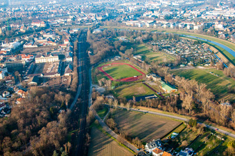 Aerial view of Münchfeld Stadium in Rastatt in the state Baden-Wuerttemberg, Germany